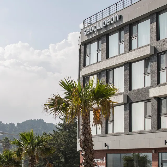 The Hotel Seogwipean building with a palm tree in front