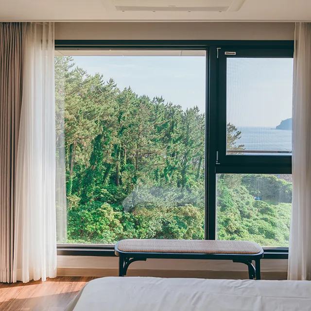 Pine trees and the sea seen from a guest-room window